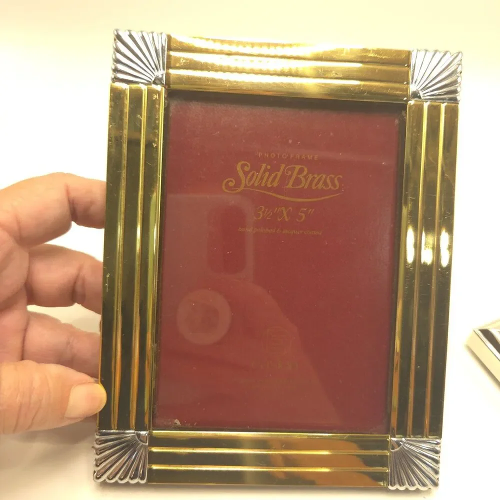 Vintage 3.5x5 Metal Photo Frames Solid Brass Silver Tone Korea Set of 2